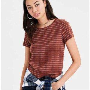 American Eagle Rust Stripe Ribbed Crew T-Shirt 💕